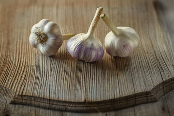 garlic on vintage wooden table