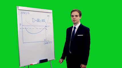Handsome student explaining production function on white board against green screen background, chroma key 