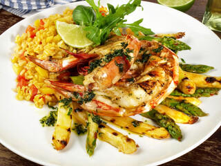 Grilled King Prawn - Tiger Prawn with Rice and Asparagus