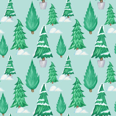 New Year Christmas tree watercolor Seamless pattern background. Hand drawn Illustration for vintage card, scrapbook paper, fabric design texture. Watercolor Winter nature illustration