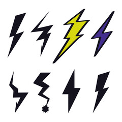 Lightning bolt logo sign icon Hand drawn doodle Modern cartoon design style Fashion print clothes apparel greeting invitation card banner badge poster font cover flyer websites Vector Illustration Set