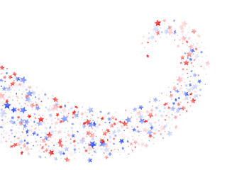 Flying red blue white star sparkles on white vector american patriotic background.