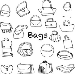 Outline sketch fashion bags collection luggage design illustration symbol accessory vector doodle drawing background icon girl handbag suitcase