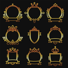 Gold Heraldic Baroque Frame Set on Black Background. Line Style Vector