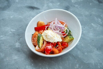 Vegetable salad with tomatoes, cucumber and red onion dressed with creamy sauce in a white plate