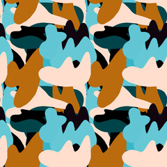 Camouflage bright seamless pattern. Brown, blue, light colors abstract silhouettes. Simple design.