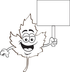 Black and white illustration of a smiling Fall leaf holding a sign.