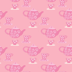 Traditional seamless pattern with doodle tea ceremony elements. Pink palette cafe print.