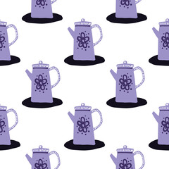 Isolated seamless purple teapots pattern. Doodle kitchen ornament on white background.