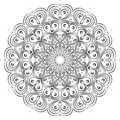 Vector Mandala with hearts. Black on white background decorative element. Circular geometric abstract line art. Illustration of pattern for coloring book for adult, cards, and other decorations.
