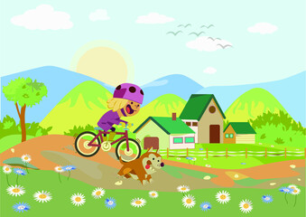 
Girl on bike, dog, rural landscape with house