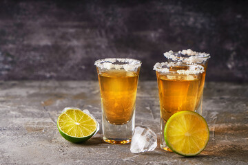 Appetizing tequila with lime and salt in a glass with ice