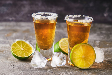 Appetizing tequila with lime and salt in a glass with ice