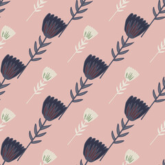 Diagonal seamless floral pattern with contoured flowers in dark blue and white tones. Soft light pink background.