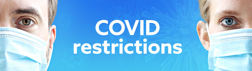 COVID restrictions. Faces of man and woman with face mask. Couple wearing breathing mask. Blue background with text. Virus, corona, coronavirus
