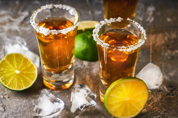 Appetizing tequila with lime and salt in a glass with ice