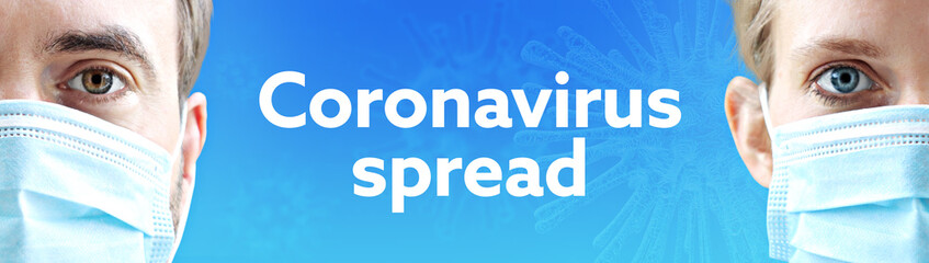 Fototapeta premium Coronavirus spread. Faces of man and woman with face mask. Couple wearing breathing mask. Blue background with text. Virus, corona, coronavirus