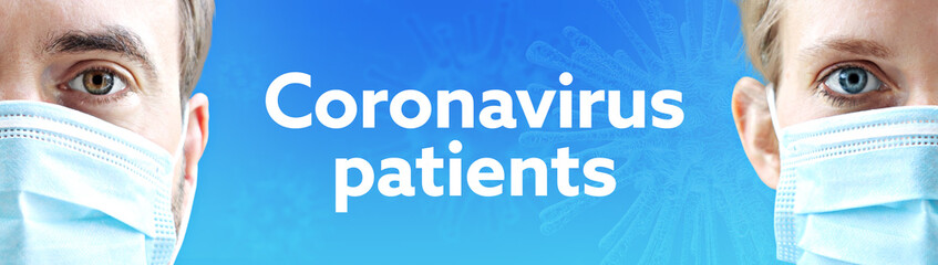 Coronavirus patients. Faces of man and woman with face mask. Couple wearing breathing mask. Blue background with text. Virus, corona, coronavirus