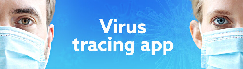 Virus tracing app (Coronavirus). Faces of man and woman with face mask. Couple wearing breathing mask. Blue background with text. Virus, corona, coronavirus