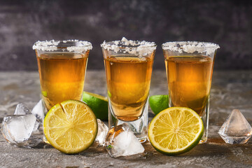 Appetizing tequila with lime and salt in a glass with ice