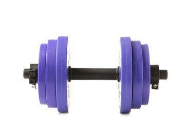 Violet gym dumbbell isolated on white background. Top view.