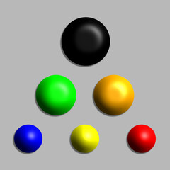 Six boules multicolores de taille différente sur fond gris