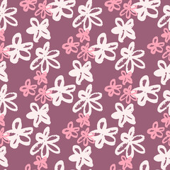 Seamless botanic pattern with white and pink hand drawn daisy flowers. Purple background. Stylized artwork.