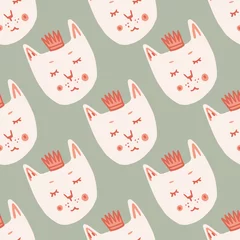 Fototapeten White cat faces with crowns seamless doodle pattern. Stylized print with light grey background. © smth.design
