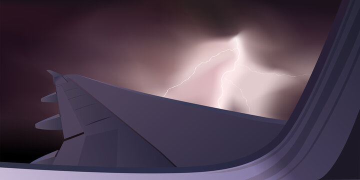 Concept du risque d’intempéries lors l’un voyage aérien avec une aile d’avion vue au traver d’un hublot, sur un fond d’orage avec des éclairs.