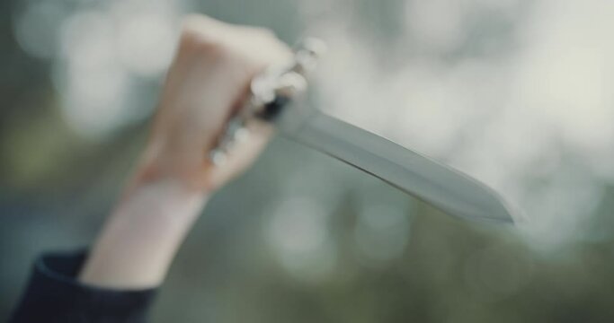 Woman hand holds a silver knife. Gothic style picture, soft focus, bokeh light, ritual killing, horror scene