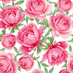 Floral watercolor seamless pattern elegant peonies vibrant pink
