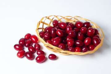 Dogwood on a white background. Wicker basket full of ripe red dogwood. Not many dogwoods are near. Gathering the summer harvest.