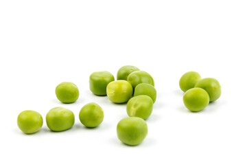 Green young peas, isolated on white background. Close-up. Top view