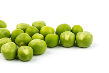 Green young peas, isolated on white background. Close-up. Top view