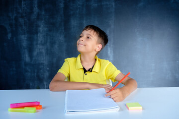 Schoolboy sitting at a desk smiling