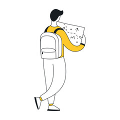 Man with a map. Research, discovery, navigation and seeking a way out. Flat line vector icon illustration.