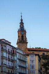 Tower of the church of San Miguel Arcángel from the Plaza de la Virgen Blanca in Vitoria Basque Country Spain