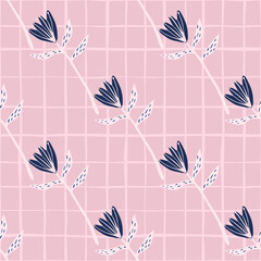 Diagonal seamless pattern with tulip flowers shapes. Pink background with check and navy blue floral buds.