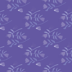 Stylized floral seamless pattern with tulip print. Background and ornament in light purple tones. Creative design.