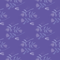 Stylized floral seamless pattern with tulip print. Background and ornament in light purple tones. Creative design.