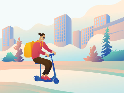Young guy courier in headphones on an electric scooter with a seat carries home delivery. A hipster man in sunglasses with a thermal bag walks against the background of an abstract city and trees. 