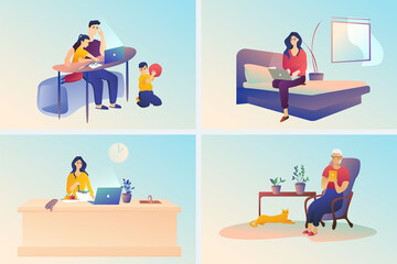 A set of pictures. Mom is preparing dinner with a laptop. Grandma is sitting on the couch with a tablet. Dad and the children are working at the table. Remote work concept on light gradient background