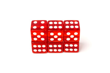 Transparent and red glass dices isolated on white background.