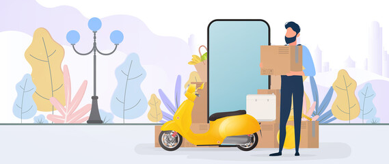 Banner on the theme of delivery. The guy is holding a box. Yellow scooter with food shelf, telephone, gold coins, cardboard boxes, paper grocery bag.