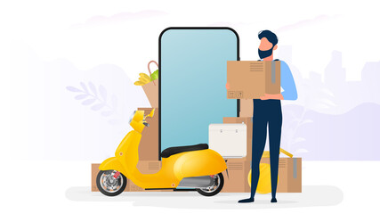 Banner on the theme of delivery. The guy is holding a box. Yellow scooter with food shelf, telephone, gold coins, cardboard boxes, paper grocery bag.