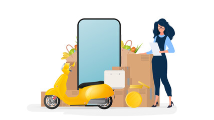 Collage on the theme of delivery. The girl is holding a list and a box. Yellow scooter with food shelf, telephone, gold coins, cardboard boxes, paper grocery bag.