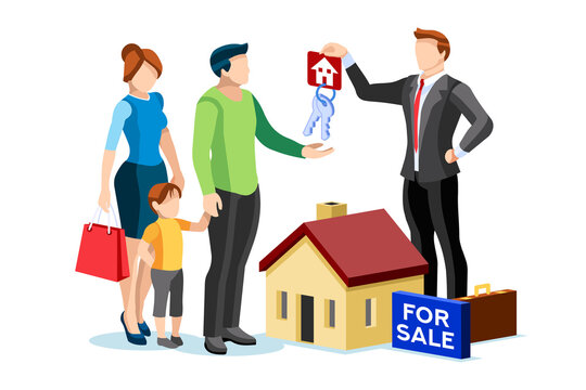 Mortgage to invest, characters and real estate property, loan on real estate to buy. Character and agent for invest on rent, mortgage concept or rent. Agent buying loan, people's property. Vector.