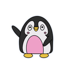 Funny Penguin sticker. Little cute penguin waving his paw. Suitable for postcards, stickers, T-shirts and children's books. Isolated, vector.