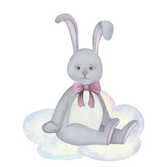 Cute little rabbit with a pink bow. Drawing watercolor