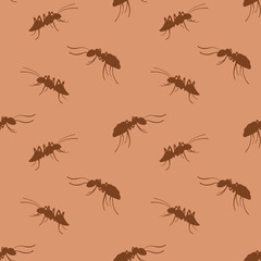 Ants seamless pattern. Brown hand drawn insects on beige background. Vector illustration.